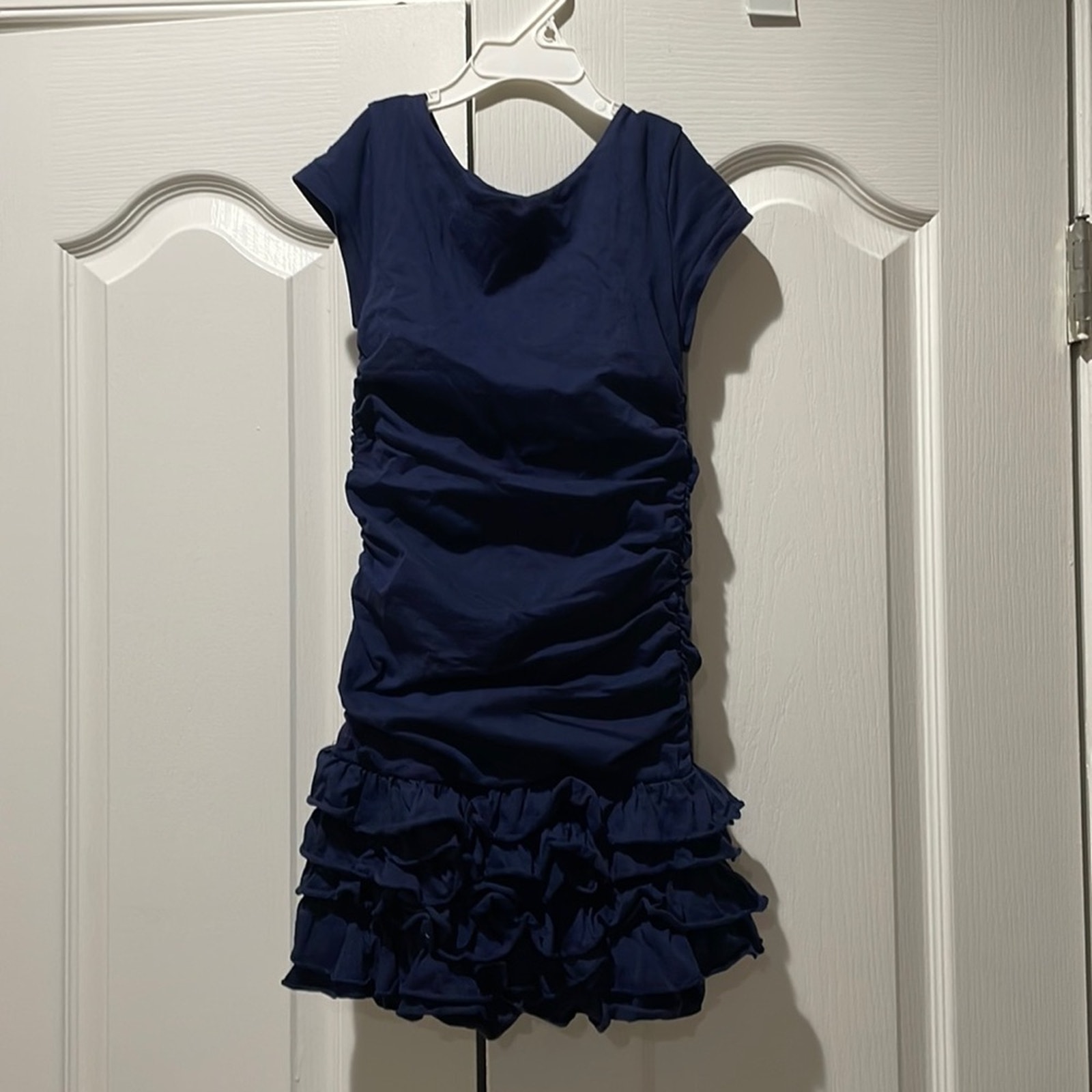 Ralph Lauren 5 Navy Blue Drip Waisted Rushed Gathers Four Tier Hemline Euc